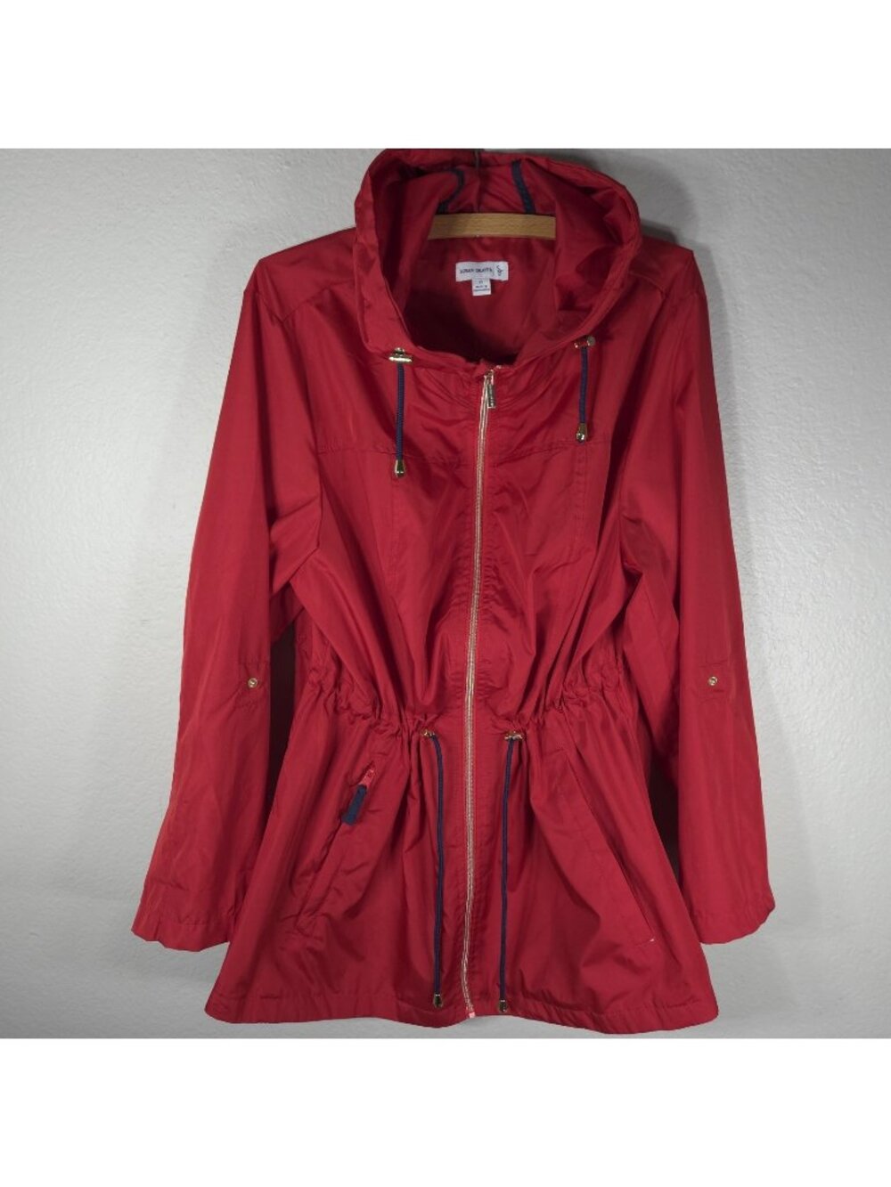Susan Graver Red Windbreaker Rain Jacket Zip Up Size 1X Hooded Adjustable Waist